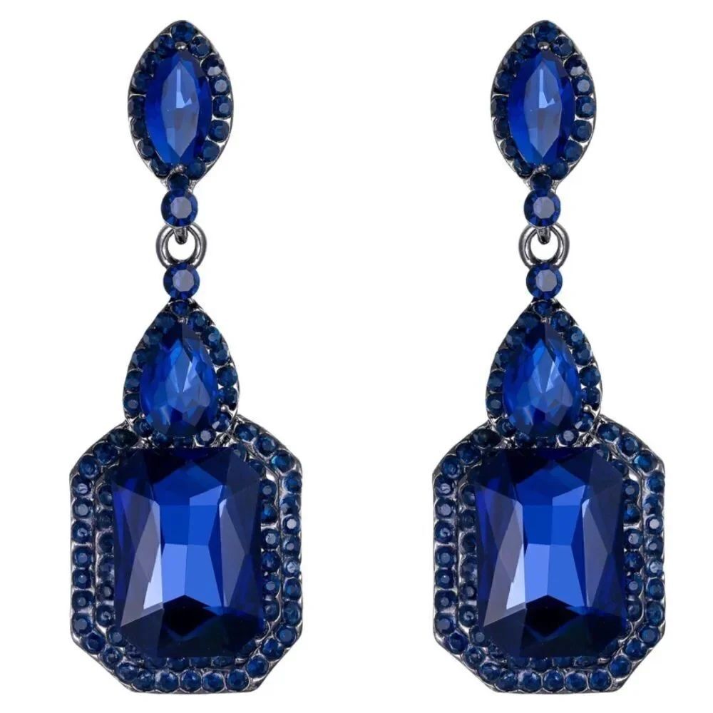 Gun Metal with Blue Sapphire Austrian Crystal Chandelier Drop Clip On Earrings
